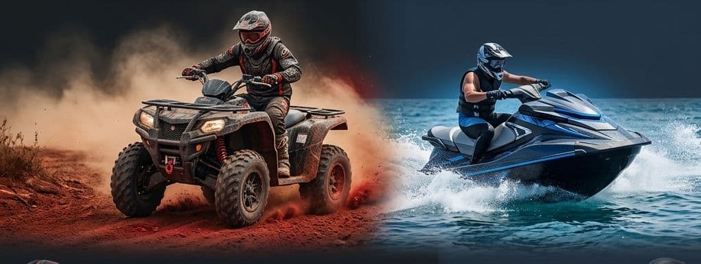 רוכב טרקטורון בשטח ורוכב אופנוע ים במים — MOTOATV